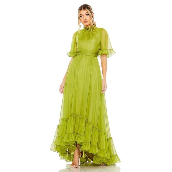 Mac Duggal #68229 Green Ruffled Mock Neck Flutter Sleeve High Low Hem Gown - Picture 1 of 11